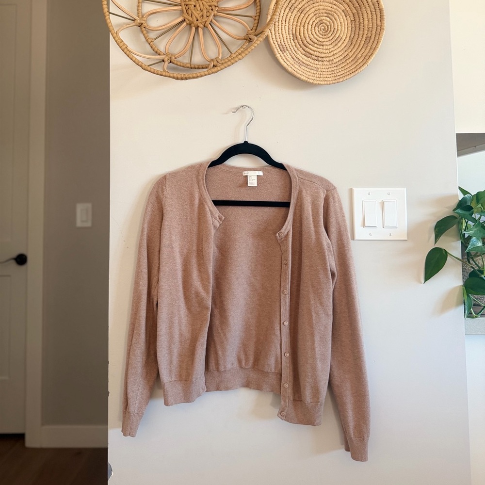 H&M Basic 100% Cotton Soft Crewneck Button Cardigan Sweater in Tan